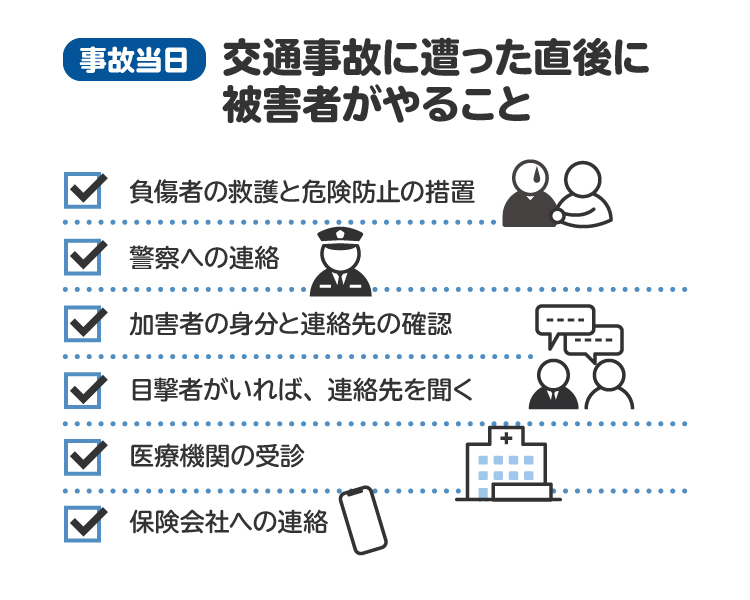 交通事故に遭った直後に被害者がやることのリスト。被害者であっても、負傷者の救護や危険防止措置を講じることは必要
