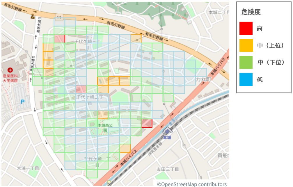「交通安全インサイト」の分析画面イメージ。AIが事故リスクを予測し、危険度を地図上に色分けして表示します（KDDI株式会社提供）