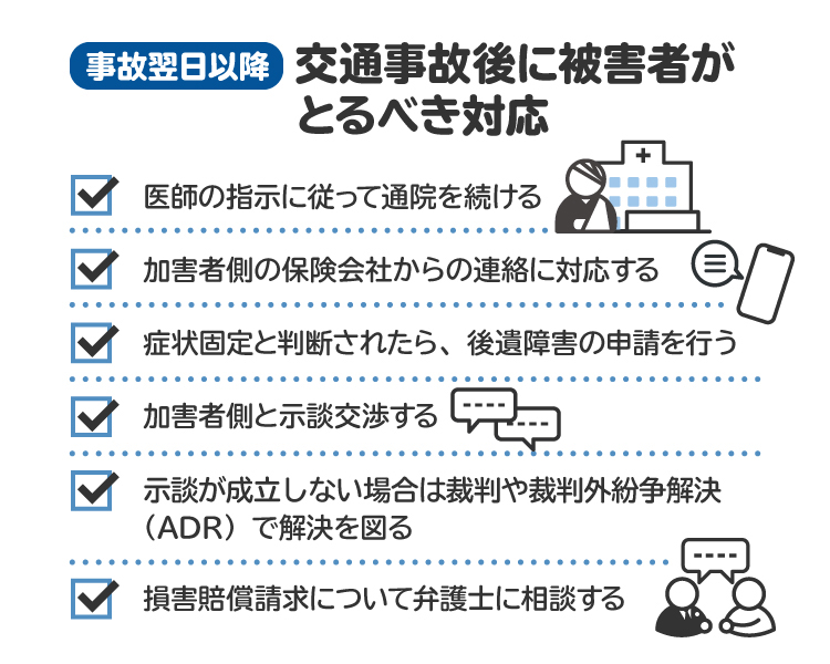 交通事故後に被害者がとるべき対応。相手の保険会社からの連絡を無視すると、治療費の支払いが円滑に行われない可能性がある